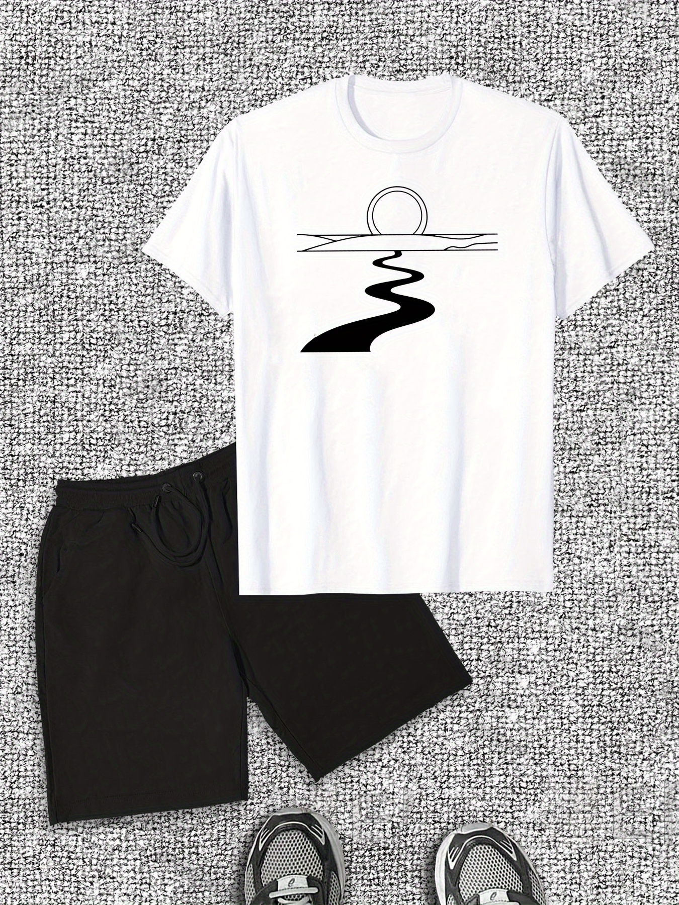 Men'S Casual River Pattern Short Sleeve T-Shirt and Shorts Set, Cotton Crew Neck Tee with Slight Stretch, Solid Color Summer Outfit for Casual Attire, Casual Summer Wear|Minimalist Design|Comfortable Fit