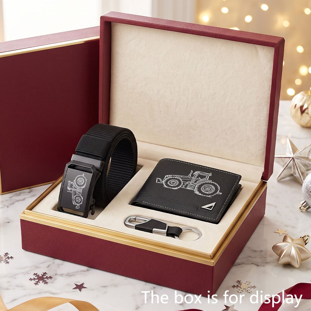 item picture mens classic 3pcs set farm tractor vintage mens wallet belt and key chain combination set daily accessory set essential item for men   and workplace perfect gift for self   no gift box