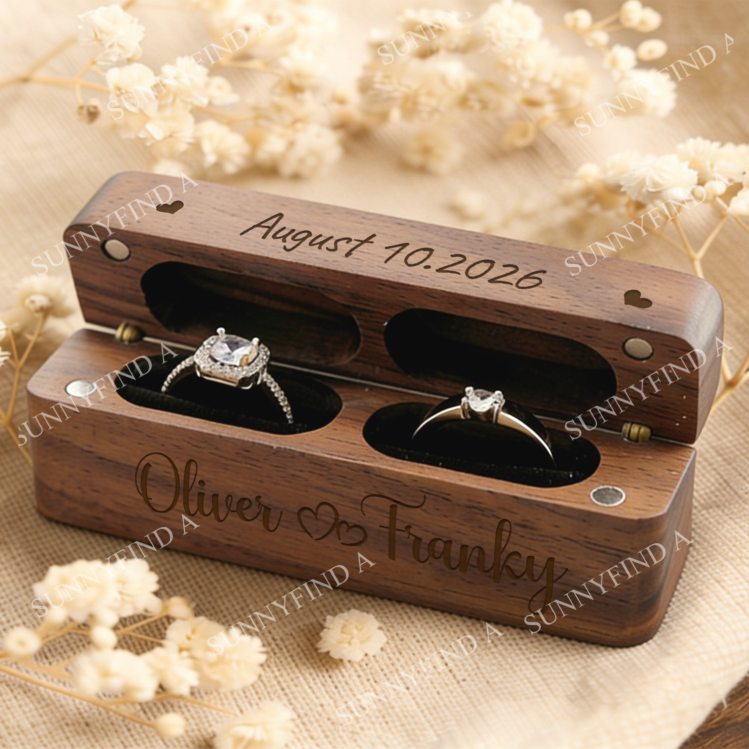 E-shop personalisierte Herz-Muster gravierte Walnussbaum Holz Ringbox Hochzeitsbedarf, Magnetverschluss, Brautjungfern Schmuckschatulle,