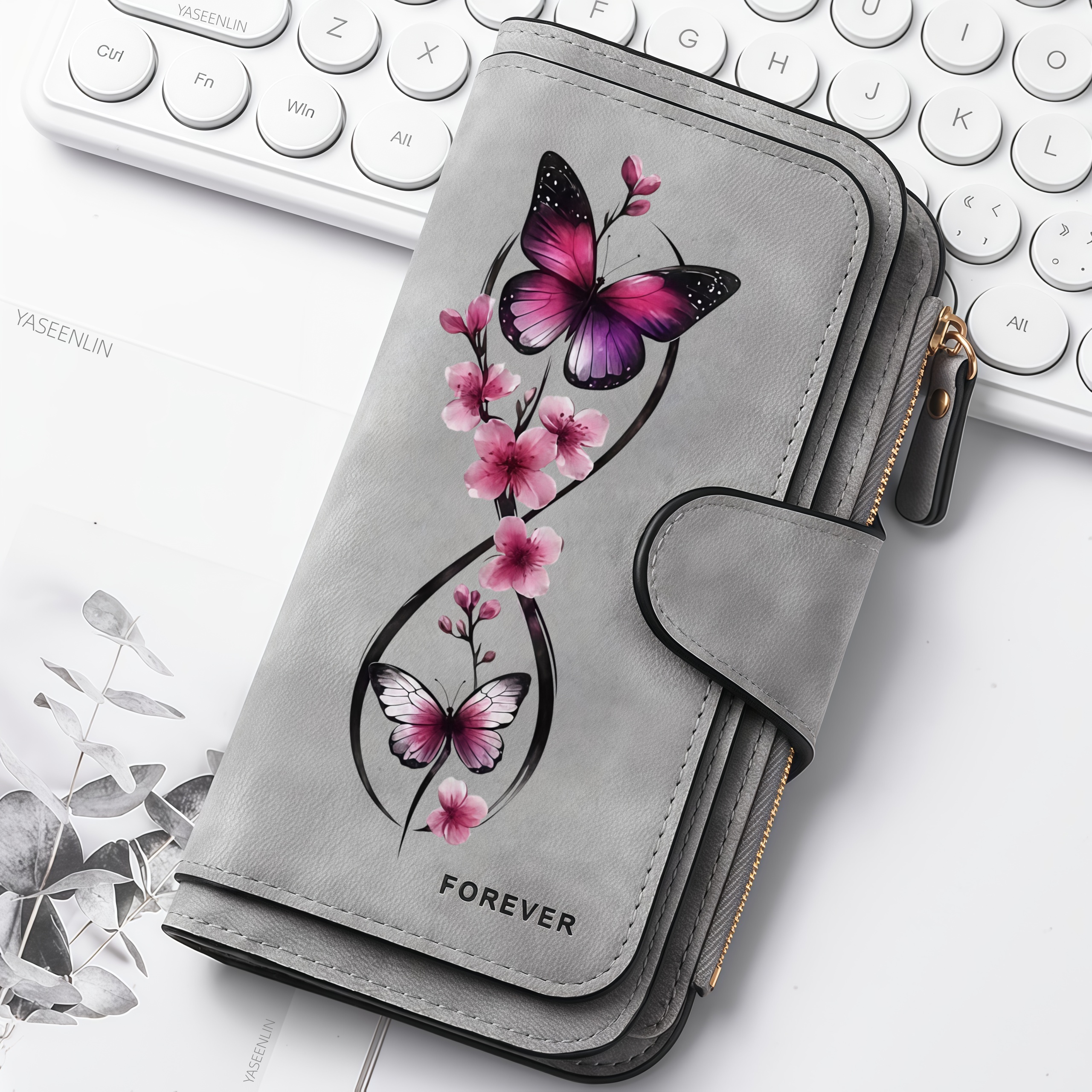 TEMU Yaseenlin Ink-style & Floral Large Capacity Printed Long Zipper Wallet | Casual, Lining, Snap Closure, Random Floral Print, Suitable For Travel,
