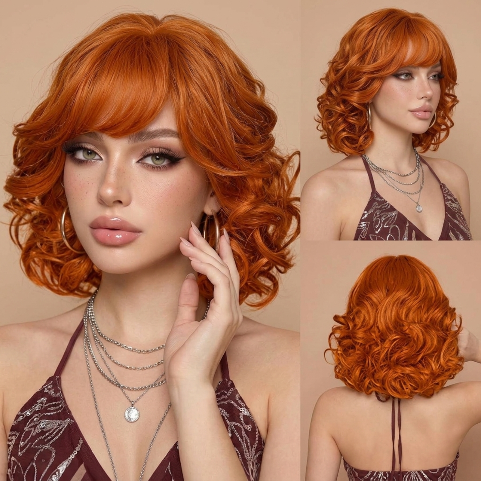 TEMU Perruque courte et bouclée avec frange, style bob orange cuivre, fibre de cheveux résistante aux hautes températures pour femmes, perruque