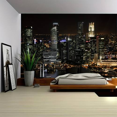1pc modern night cityscape tapestry wall hanging singapore brushed 90gsm with woven texture installation kit for bedroom living room office asian inspired