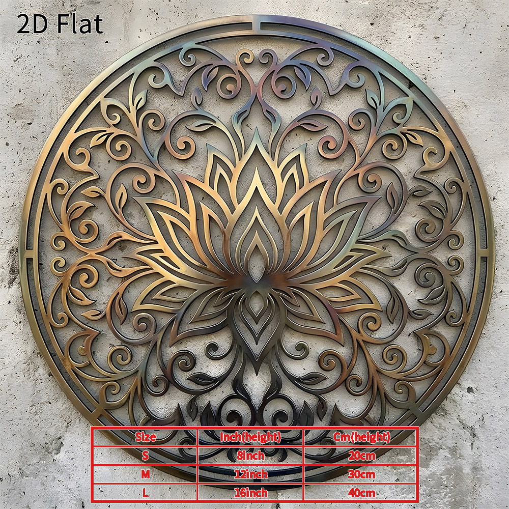 TEMU 2d Flat 1pc Lotus Mandala Metal Wall Art 2d Flat Rustic Round Decor Durable Waterproof Elegant Plaque Suitable For Living Room Bedroom Porch