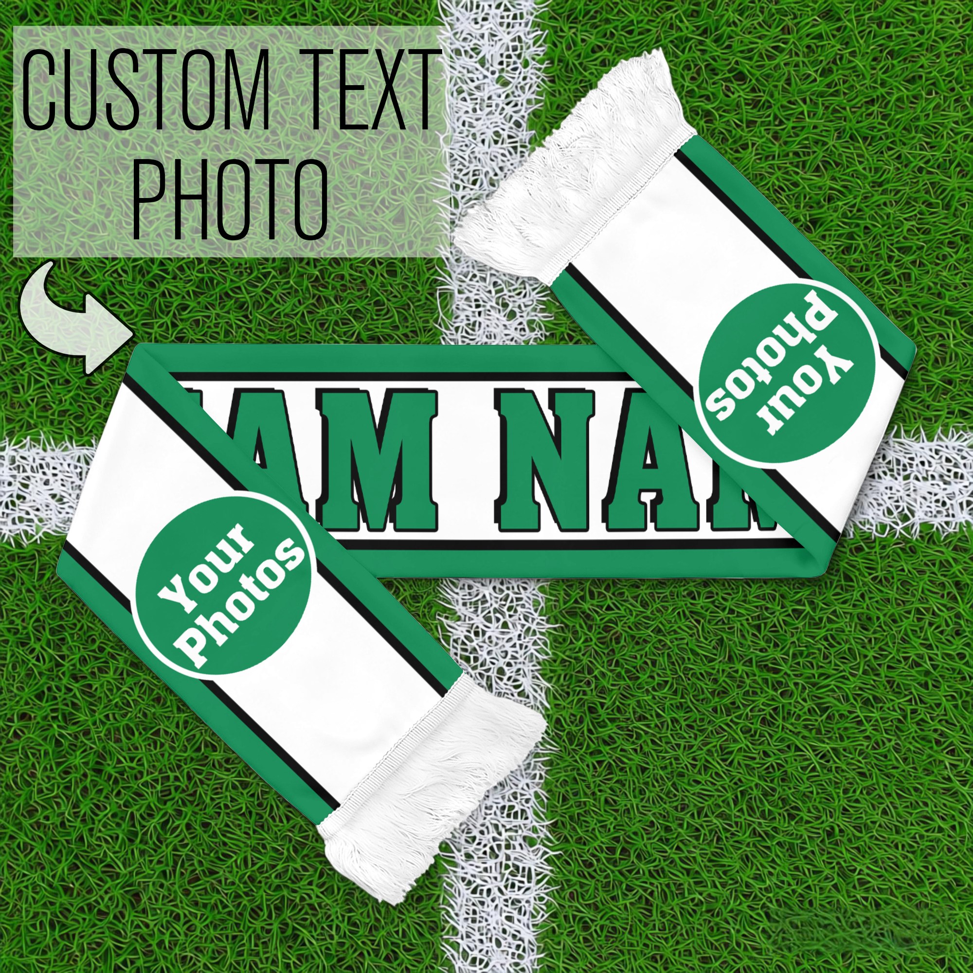 E-shop 1 Stück Personalisierter Weiß-Grün Gestreifter Team-Schal mit Namen//Text/Foto – Fanartikel für Stadionspiele, Fußballpartys & Spieltag –