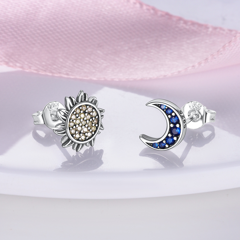 Women's 925 Silver Sun and Moon Stud Earrings, Elegant Gift