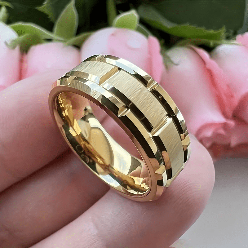 TEMU Women's Luxury 8mm Neutral Steel Ring - Brick Pattern Brushed Center, Neutral Jewelry, Ring, Jewelry, Exquisite Jewelry, High Quality, Polished,