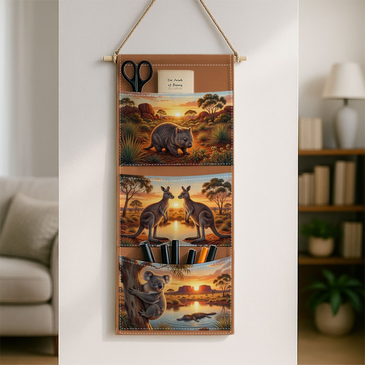 TEMU 1pc Australian Wildlife Nature Wall Hanging Storage Bag-multi-tier Hanging Storage Bag With Kangaroo Koala & Sunset Patterns, Space-saving