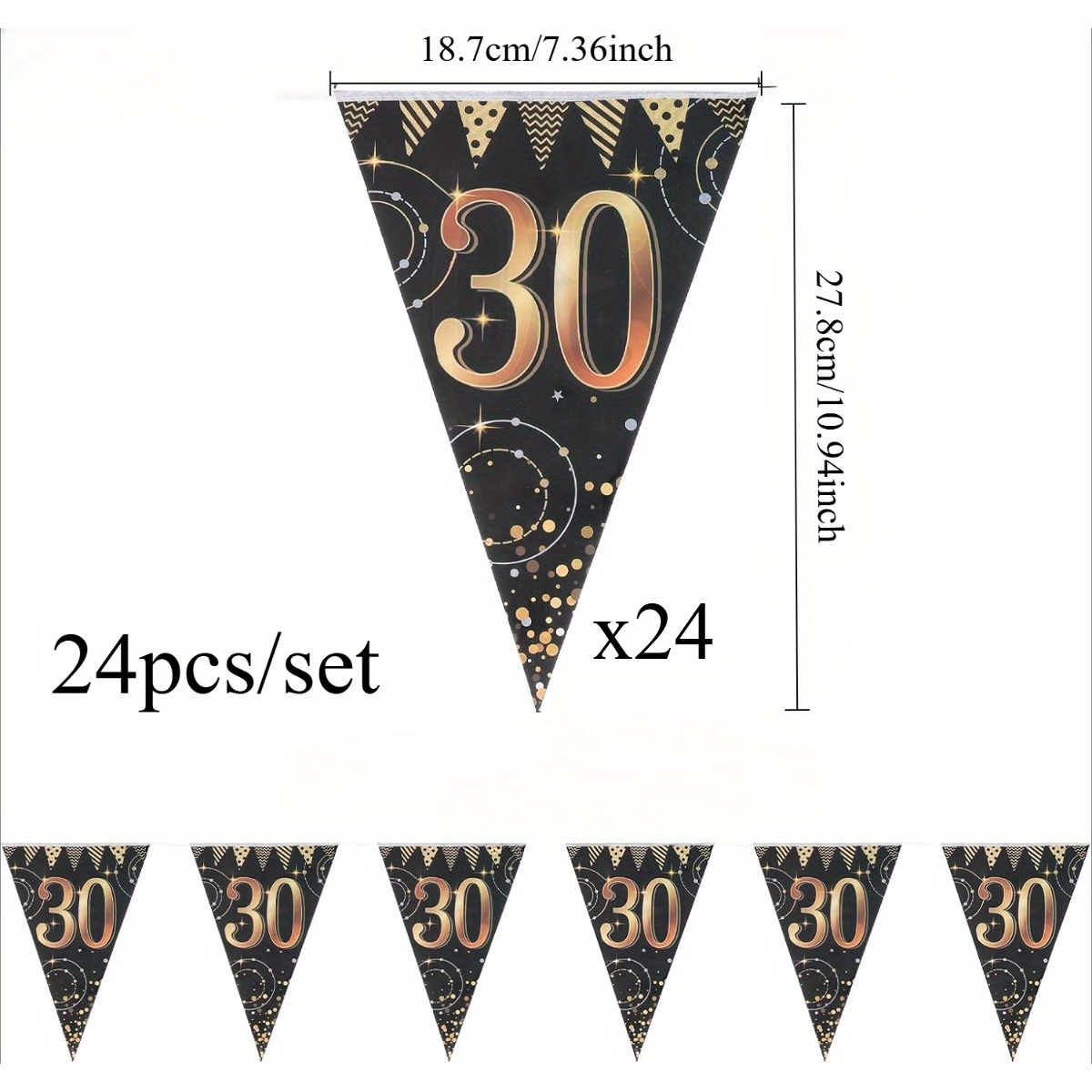 Image of 24pcs Golden And Black 30th Birthday Banner- Shiny Number Triangle Flags Party Decoration, Perfect For Milestone Celebrations, Anniversary, Birthday Parties, Wedding/christmas/halloween Decorations