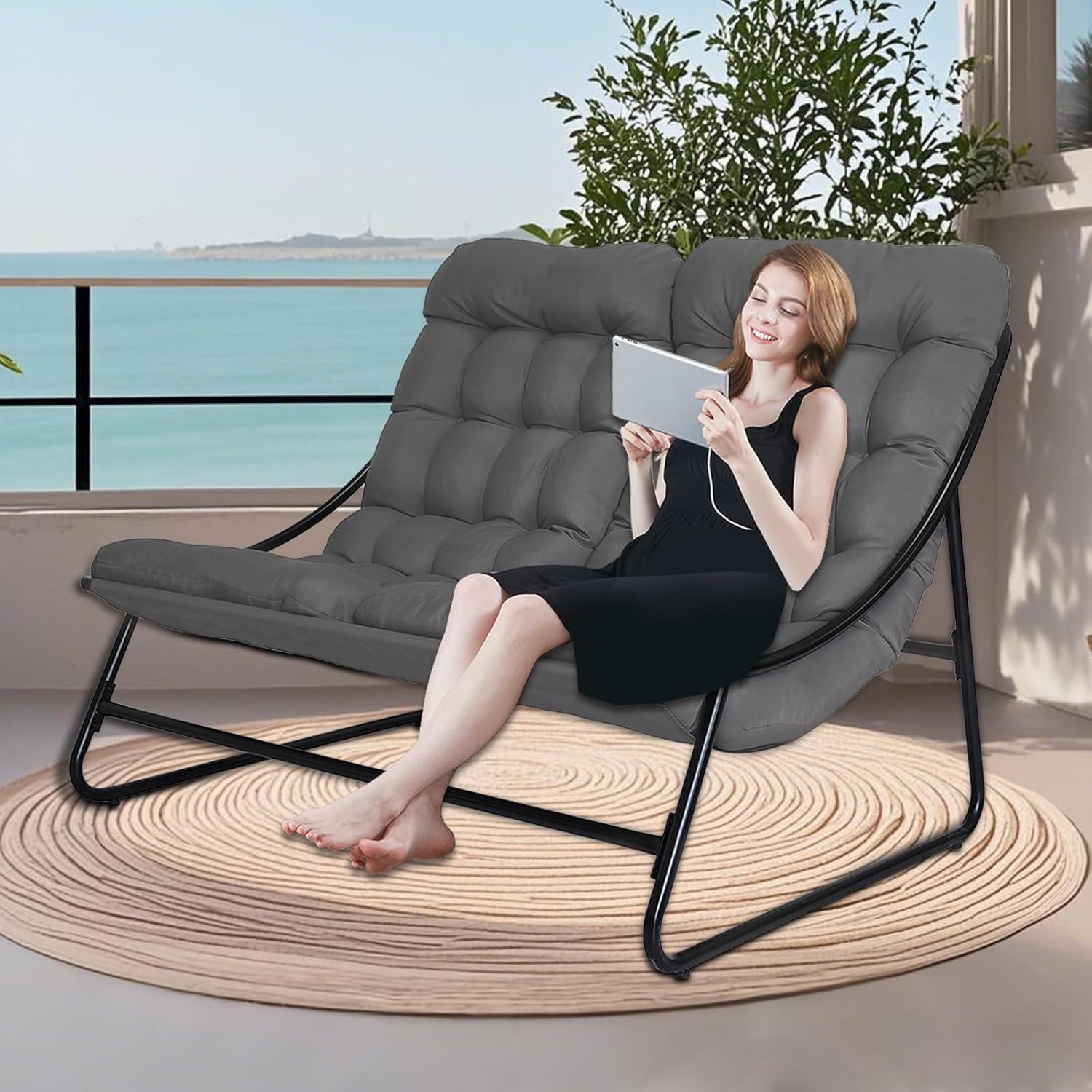 Image of Leisure Chair, Armchair, Recliner For Two, Balcony Armchair, Recliner With Removable Cushion, (double Chair) (grey)