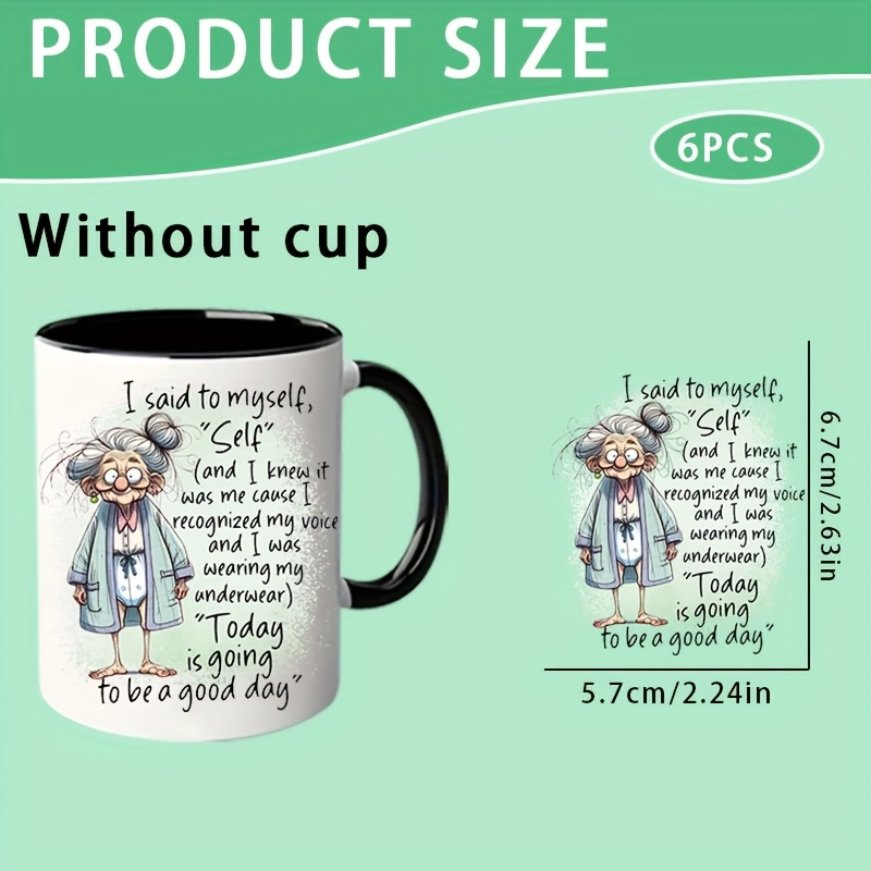 TEMU Autocollants d'emballage UV DTF pour tasses, 6/12 pièces, décalcomanies à motif fixe avec de vieille dame pour mugs