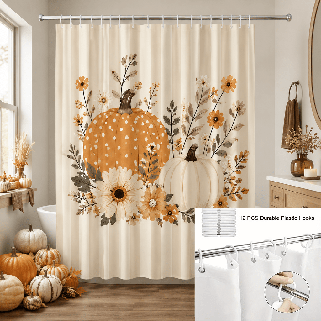 TEMU Rideau de douche floral automnal citrouille 71X71 pouces Tissu polyester Décoration de salle de bain automnale de ferme avec 12 crochets Imprimé