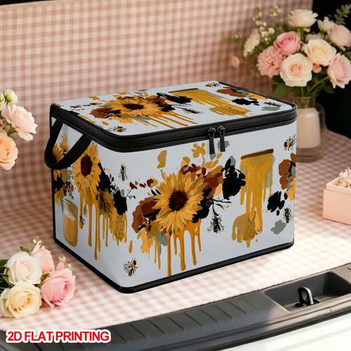 1pc autumn sunflowers bees storage basket with zipper lid foldable oxford cloth organizer suitable for blanket clothes bathroom organizer decor multi basket with lid for tidy gift 2d baskets