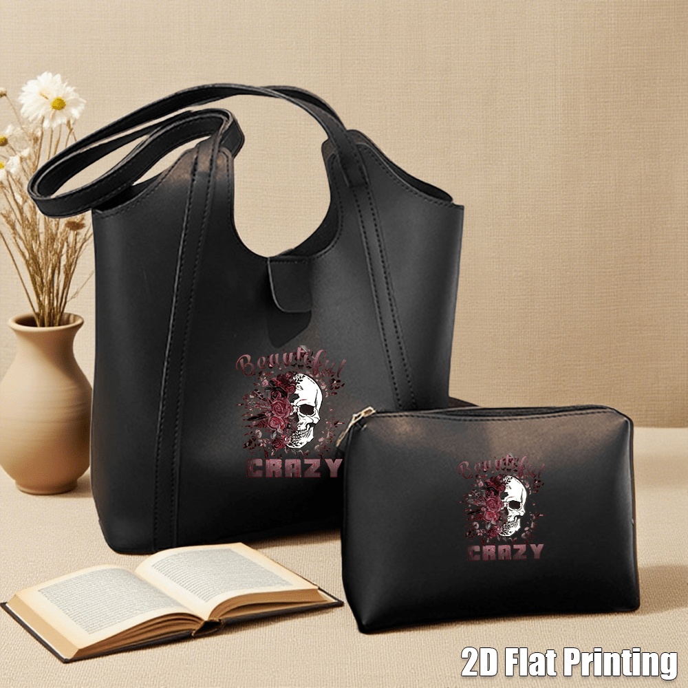 TEMU 1pc Holiday Gifts 2-in-1 Shoulder Bag - Spacious Black Handbag With Cute Character Design, Suitable For Work, School, Shopping, And Beach Travel