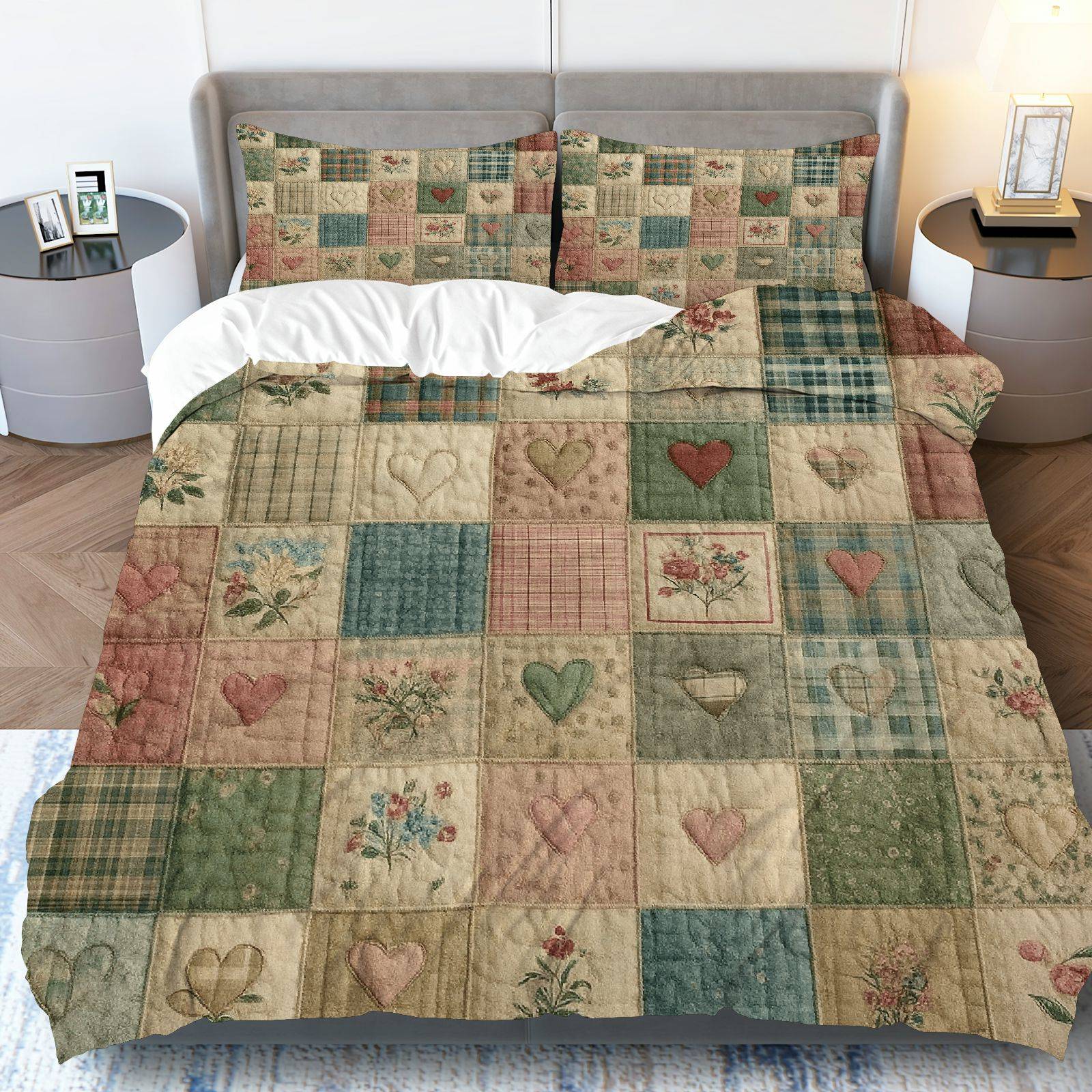TEMU 3pcs Duvet Cover Set, 1 Duvet+2 Pillowcases( Without Filler), Vintage Floral Heart Pastel Quilt Theme, Valentinesday Bedding Set, Cozy Romantic