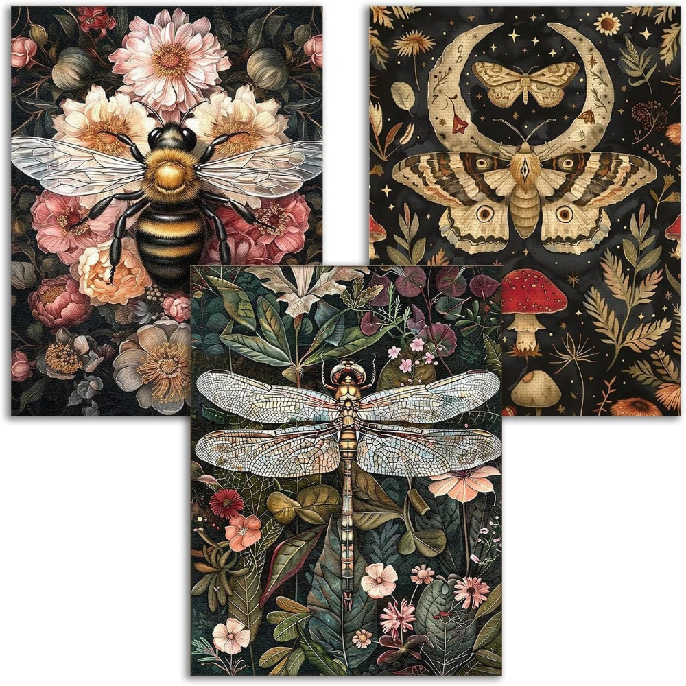 TEMU 3pcs (3-pack) , Moth & Diamond Painting Set Suitable For Beginners, Round 5d Craft With Dragonflies, Moths, Bees - Wall Decor Gift For Home,