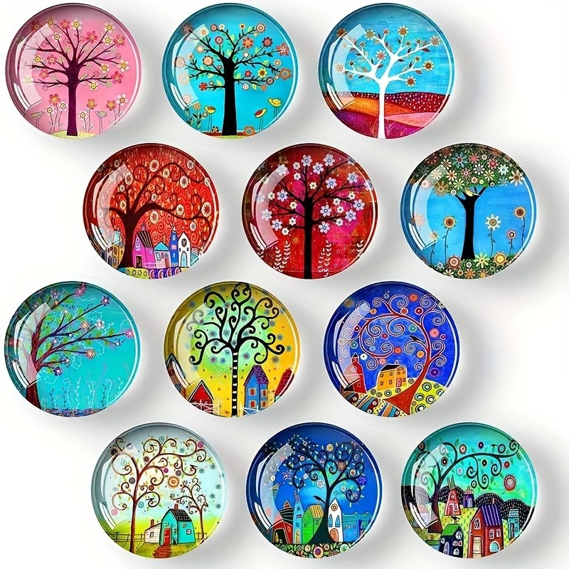 E-shop 12-teiliges Baum des Lebens Glas-Magnetset - 1,2 Zoll rund, geeignet für Fotos, Postkarten, Büro, Kühlschrank Küchendekor - Perfektes Geschenk