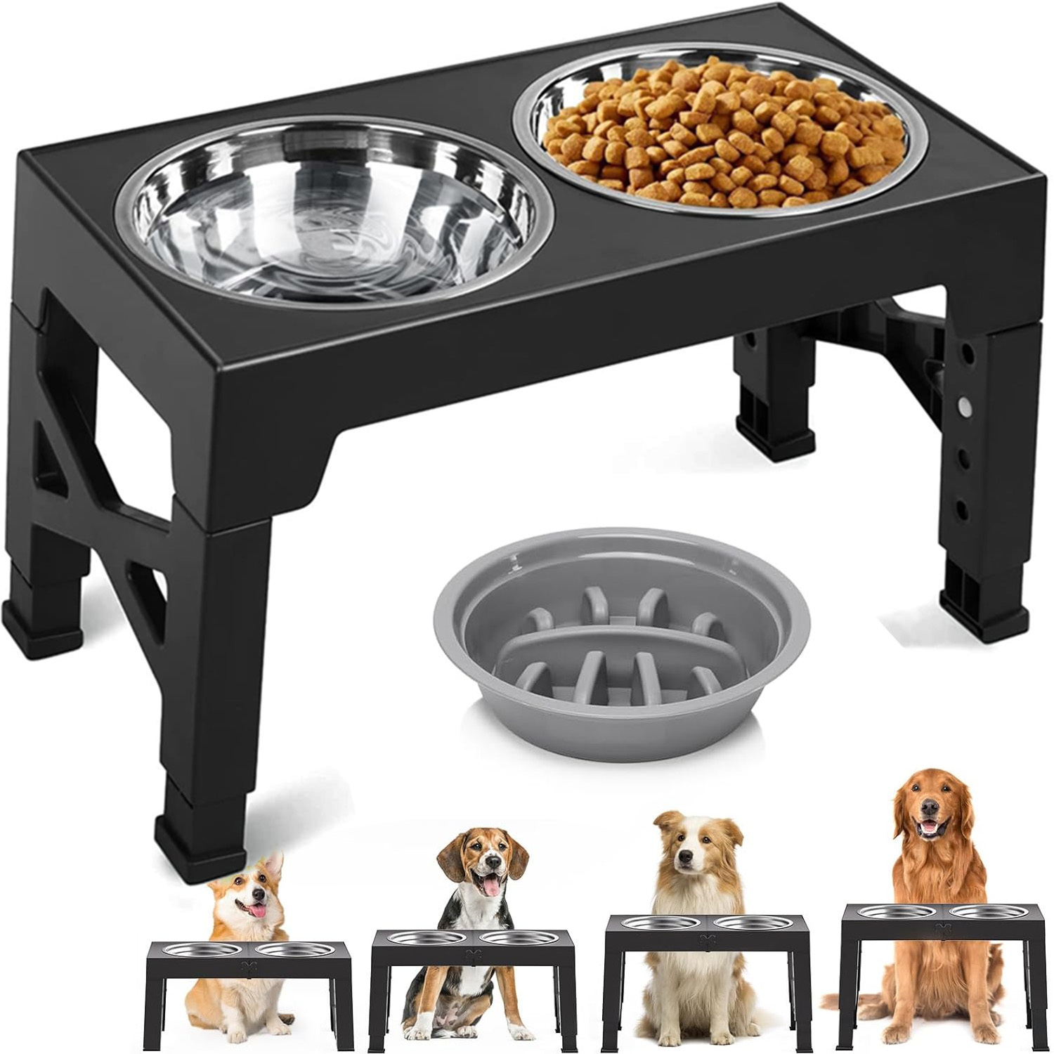 Elevated Dog Bowls With 2 Stainless Food Bowls, Raised Dog Bowl Adjusts To 5 For Small Medium And Large Dogs