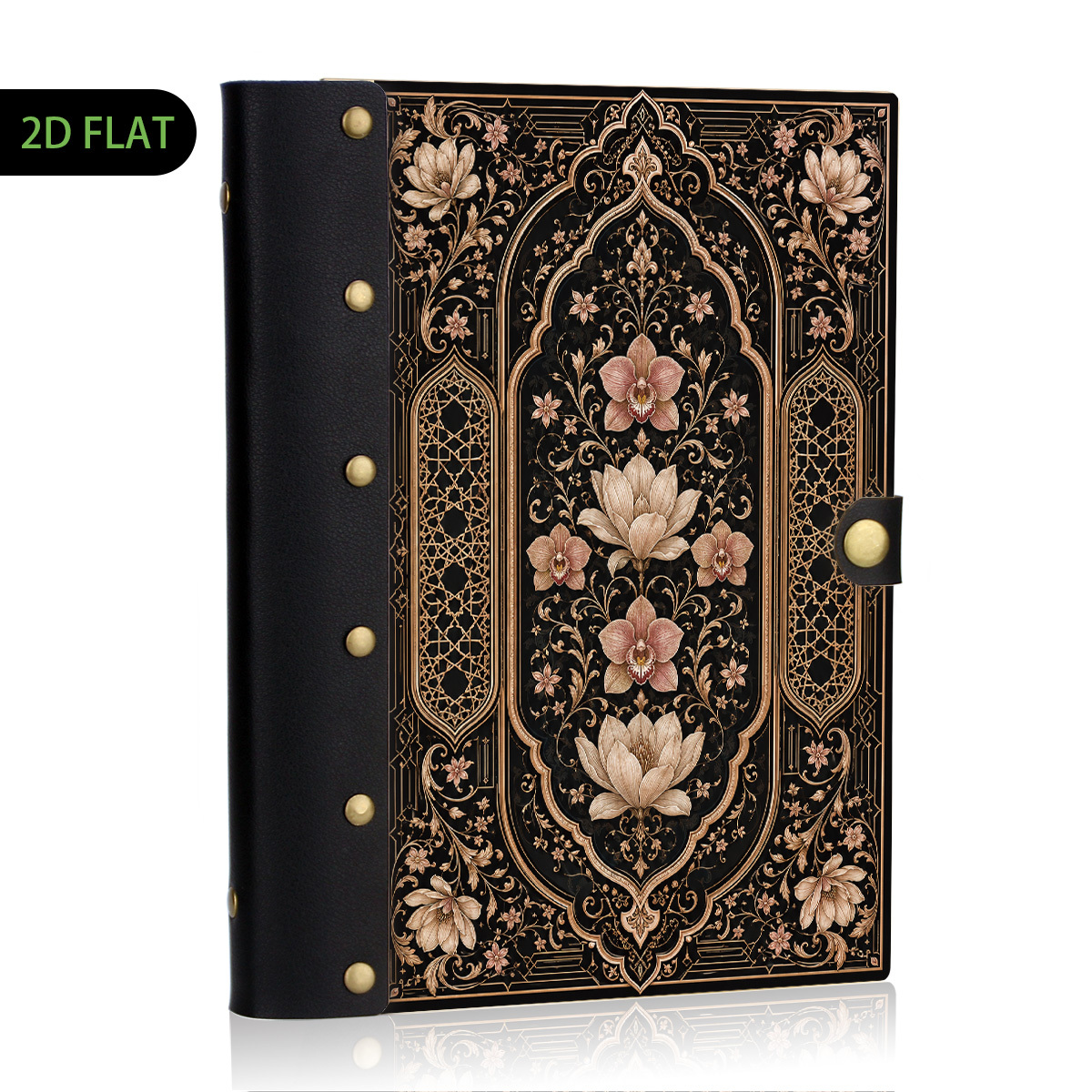 TEMU 1pc Hardcover Journal Notebook With Lockable Cover - Leather & Wood Rivet Moroccan Arch , Orchid Magnolia Botanical Diary Suitable For Elegant