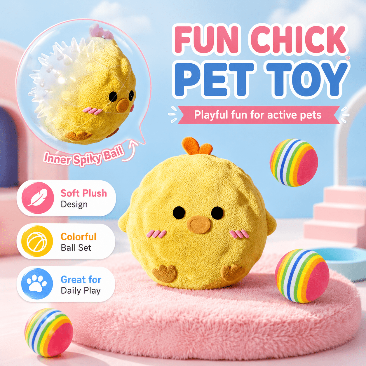 2pcs Set Yellow Chick Interactive Bouncing Squeaky Toy Ball