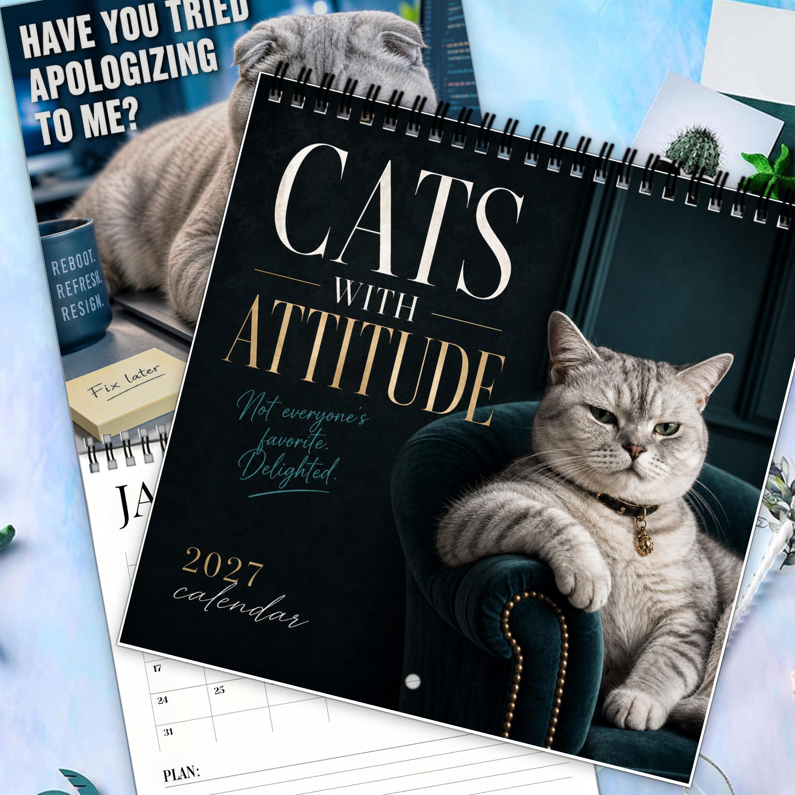 TEMU Cat Wall Calendar With Strong Attitude In 2027, With Monthly Pages, Interesting Cat Satirical Image Photography, Cute Kitten Office Humor Line