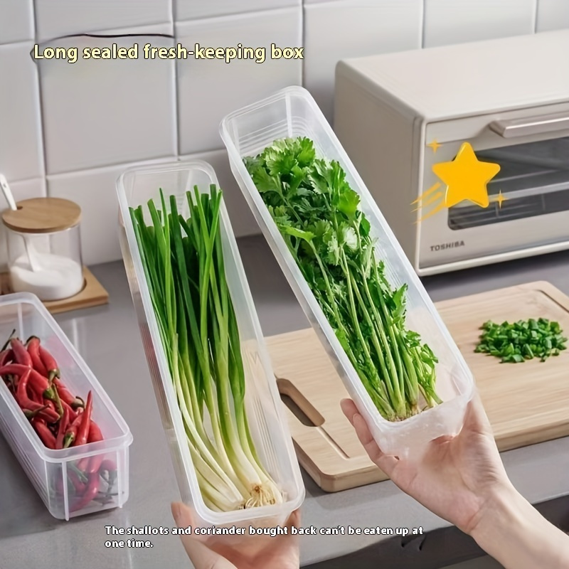 

Two-part Long Plastic Container For Keeping Vegetables Fresh, Suitable For Refrigerator Storage. It Can Hold Items Like Coriander, , Mint, And More. This Sealed Kitchen Storage Box Does Not Batteries.