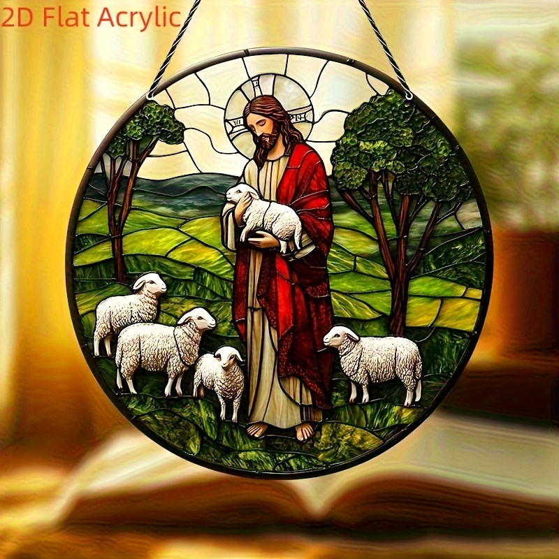 E-shop 2D Flach, 2D Flach Acryl Jesus Lamm Buntglasfenster Hängebild - 8 Zoll Rundes Religiöses Wanddekor, für Ostern, Frühling Wohnungsdekoration -