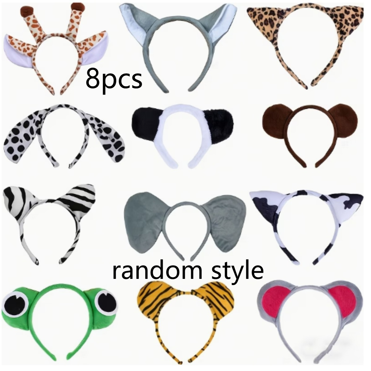 TEMU 8pcs Zoo Animal Ear Headband Assortment, Plush Costume Headbands For Jungle Themed Events, Halloween And Cosplay Random Style