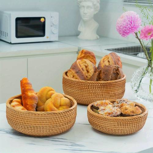 1pc 3pcs rattan for serving handmade stackable round fruit bowls decorative serving baskets for living room organizing tabletop bathroom kitchen counter organizing fruit baskets for store restaurant outdoor party