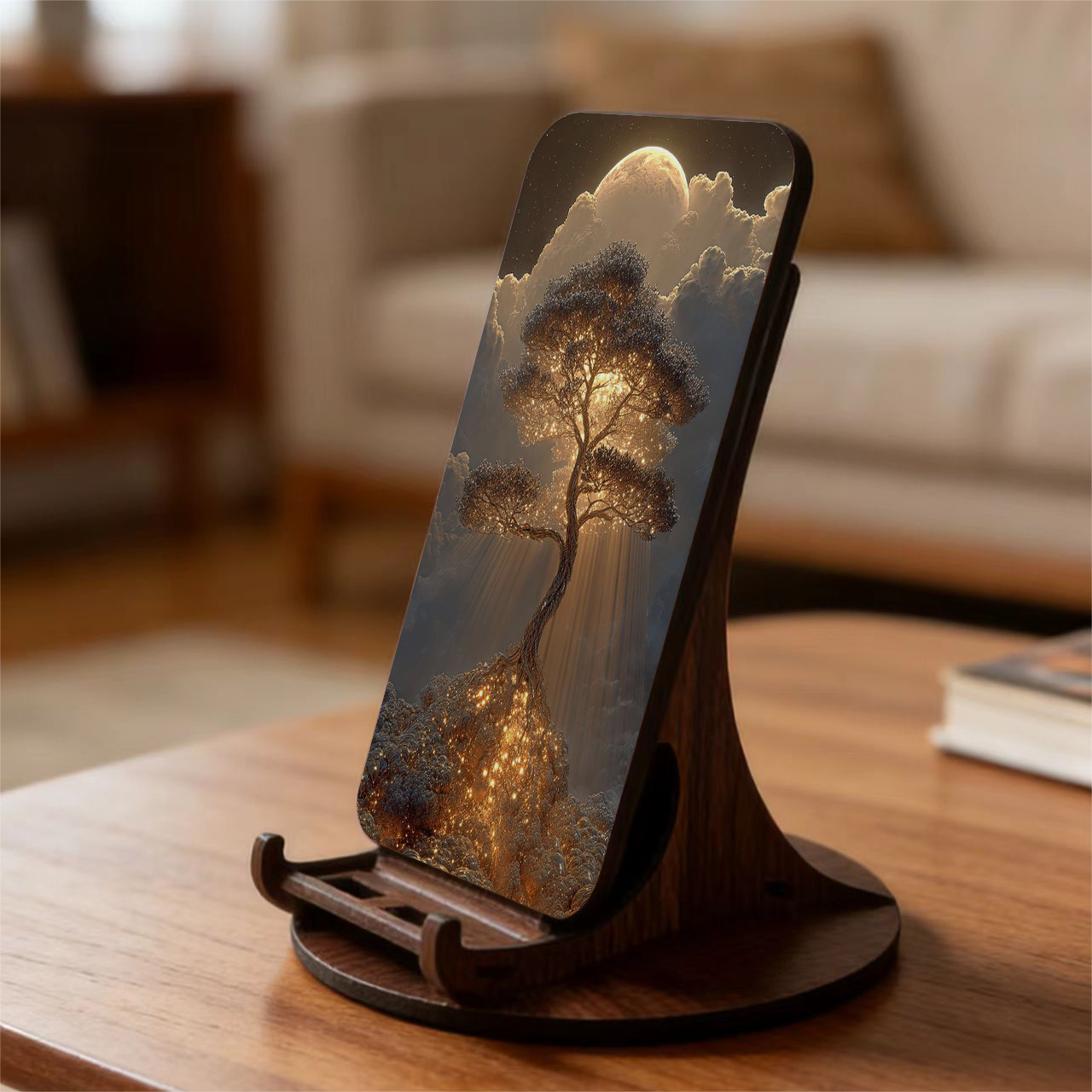 Image of 1pc Of Printed Creative Wooden Phone Stand, Home Decoration, Holiday Gift, New Year Gift, Office And Bedroom Decor