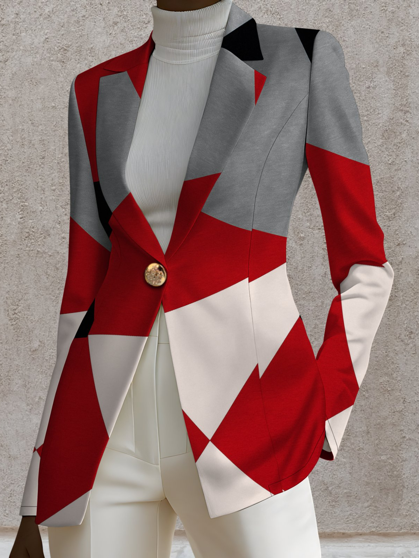 Women's Elegant Red/Black/White/Gray Geometric Houndstooth-like Blazer Jacket & Matching Suit - X-Line Tailored Collar, Single-Button Closure, Machine Washable Winter Coat for, Office, or Formal Events