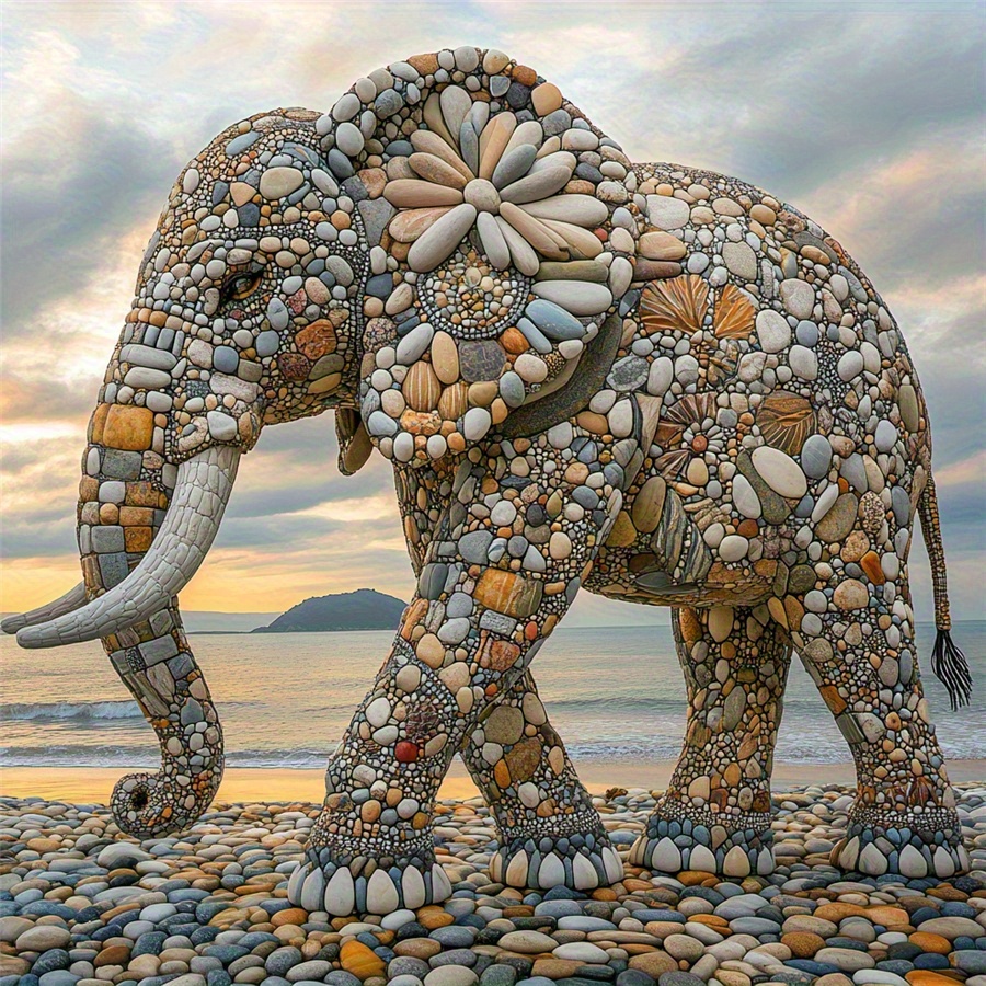 TEMU Beach Sunset Pebble Hippo Diy Diamond Painting Kit, Suitable For Adults Full Diamond Collage Craft, Holiday Gift, Study, Bedroom, Living Room