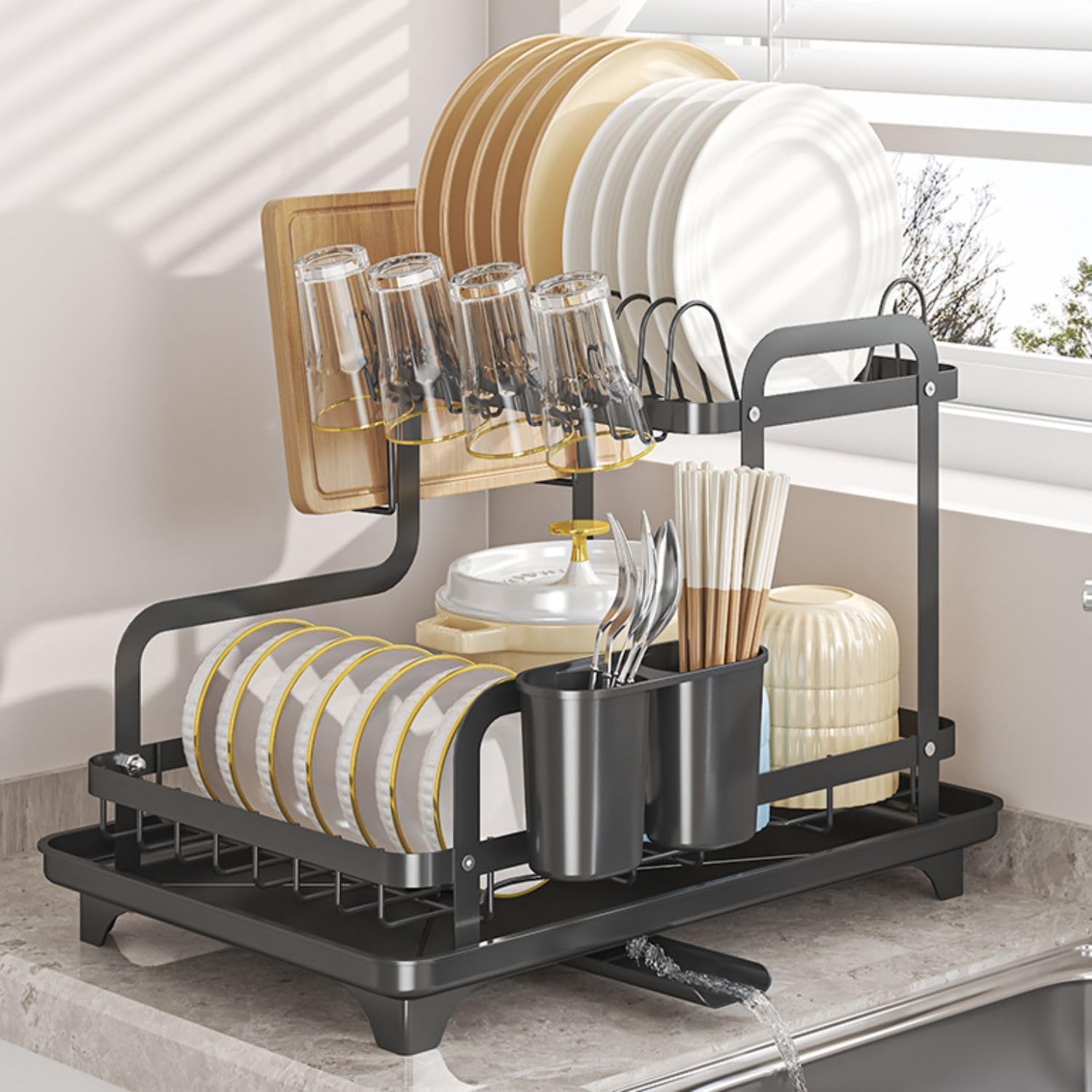 TEMU Sturdy Metal Dish Drying Rack - Durable Two-tier Organizer With A Slot For Cutting Boards, Saving Space On Counters Or Over Sinks, No Power