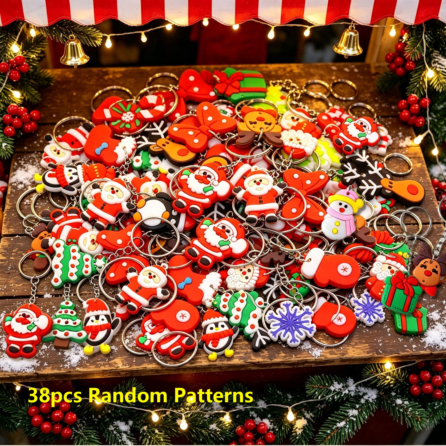 TEMU Ensemble de 38 porte-clés de Noël 2D plat | aléatoires, breloques 2D plates en caoutchouc souple PVC multi-style de Père Noël, , de neige et