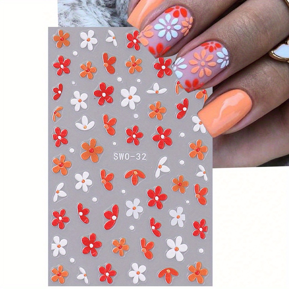 1 Piece Of 5d Embossed Floral Nail Stickers Featuring Vibrant Orange And White Daisies, Perfect For Nail Art. Self-adhesive Decals Are Designed For Women And