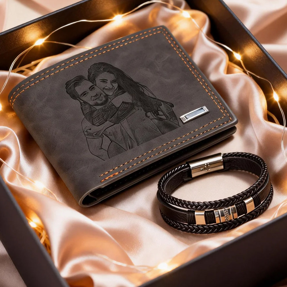 TEMU 2pcs Personalized Engraved Pu Wallet Bracelet & Photo Wallet For Men - Photo/text/name/date Engraving Suitable For Wedding Anniversary Gifts,