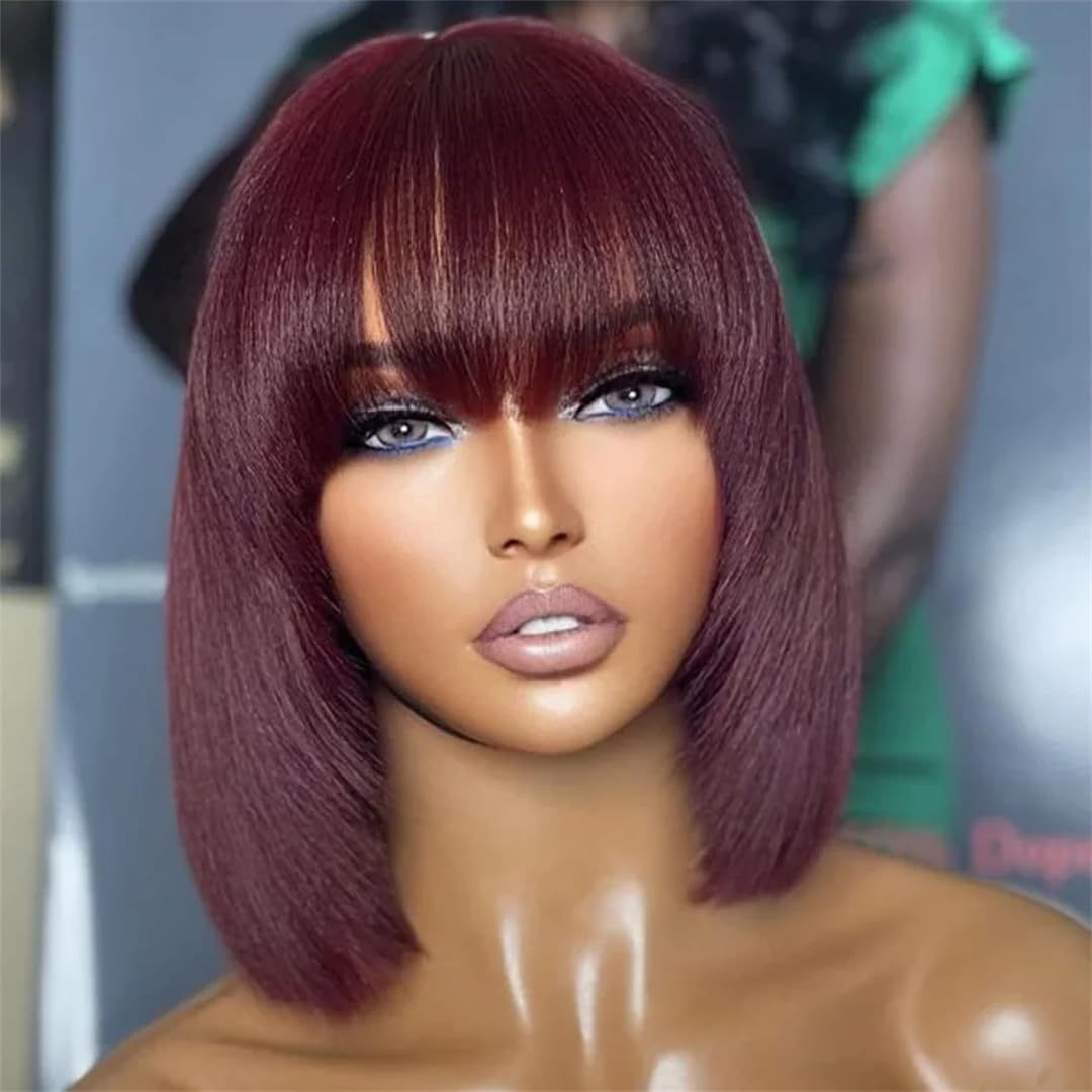 TEMU Lightweight Burgundy 99j Human Hair Wig – 10 Inch Short Straight Bob With Bangs, Full Machine Made, Glueless Wig For Women, Natural Style