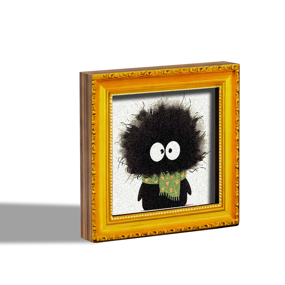 E-shop 1 Stück Niedlicher Plüsch-Holzmonster-Kühlschrankmagnet mit flauschigem schwarzen Körper, großen Augen & grünem Schal - Mini-Kühlschrankmagnete