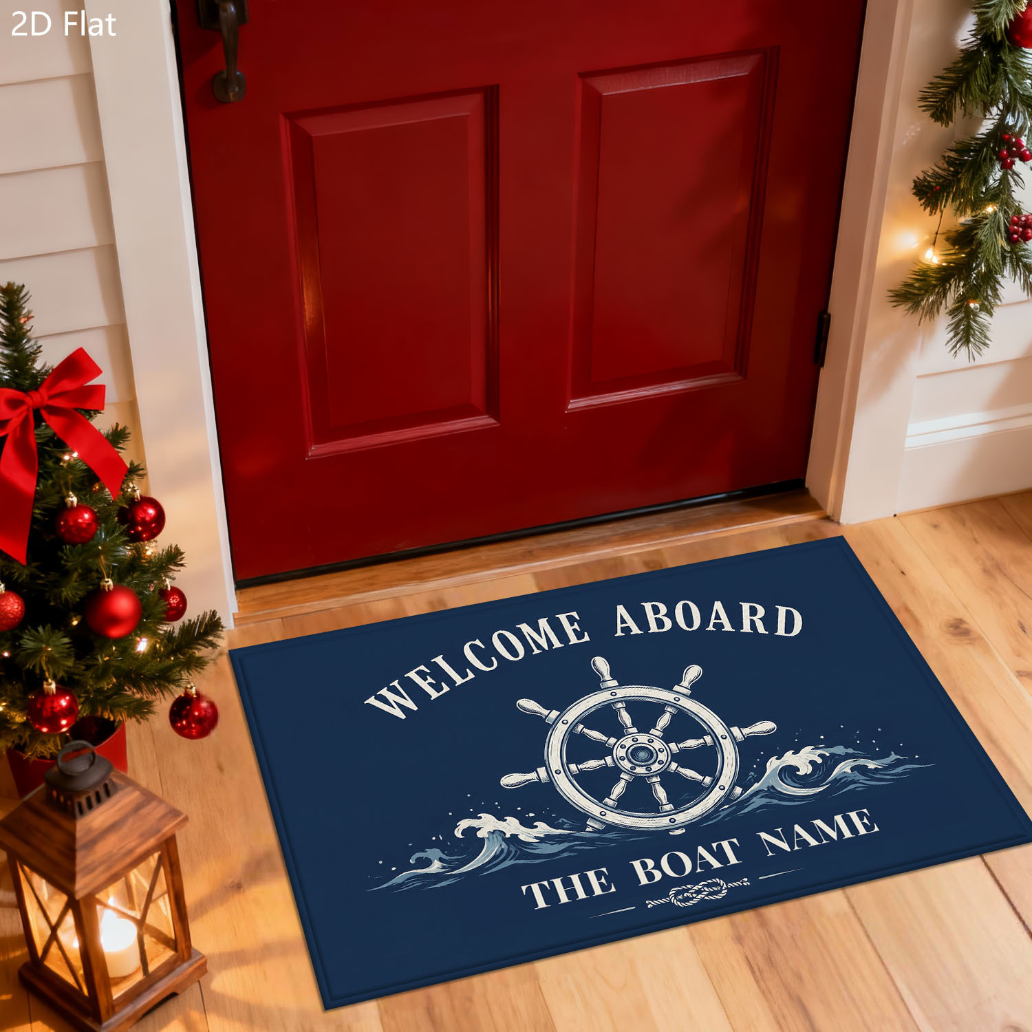 TEMU 1pc Custom Nautical Ship Wheel & Ocean Wave Doormat Suitable For Bathing Room, Non-slip Pvc Backing, Personalized Entrance Rug With Name/logo,