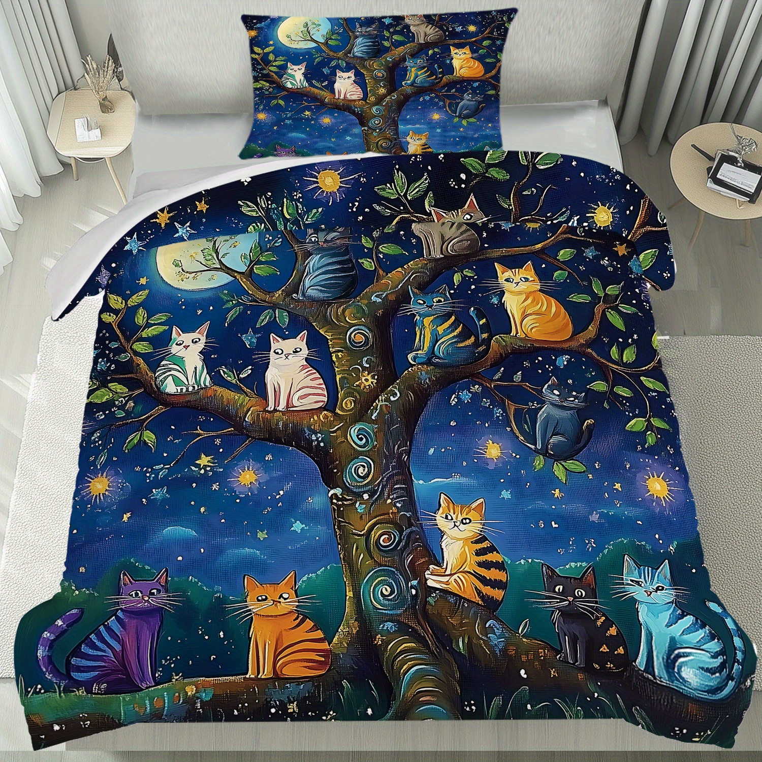 TEMU 2/ 3pcs Colorful Cats Perched On Tree Under A Duvet Cover, Full Size Charmingly Whimsical Comforter Set, All Season Bedding Comforter Sets, Bed