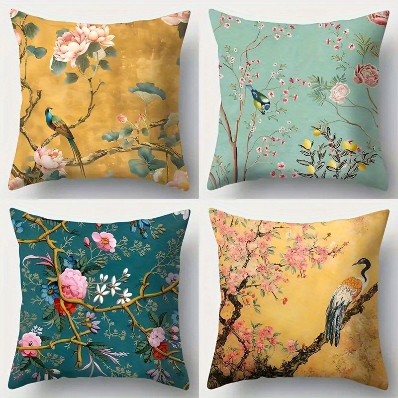4pcs 2d flat   sided print non embroidered floral and bird short plush pillow covers machine washable suitable for everyday valentines day mothers day   halloween thanksgiving christmas holiday decorations 2d flat Product details 0