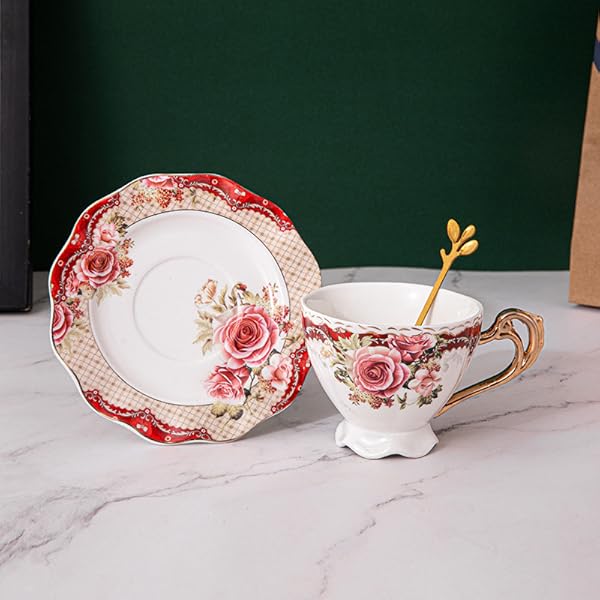 1pc elegant floral tea cup and saucer set - elegant  -pink & golden porcelain   service with matching spoon, large 7oz cup, dishwasher safe - wedding, housewarming, birthday, mother s day gift - vintage tableware for everyday or formal dining - antique orange  ,  , & cadmium-free, ideal for latte, cappuccino, tea, espresso, cups for tea,   bar accessories,  , teacup,   Product details 4