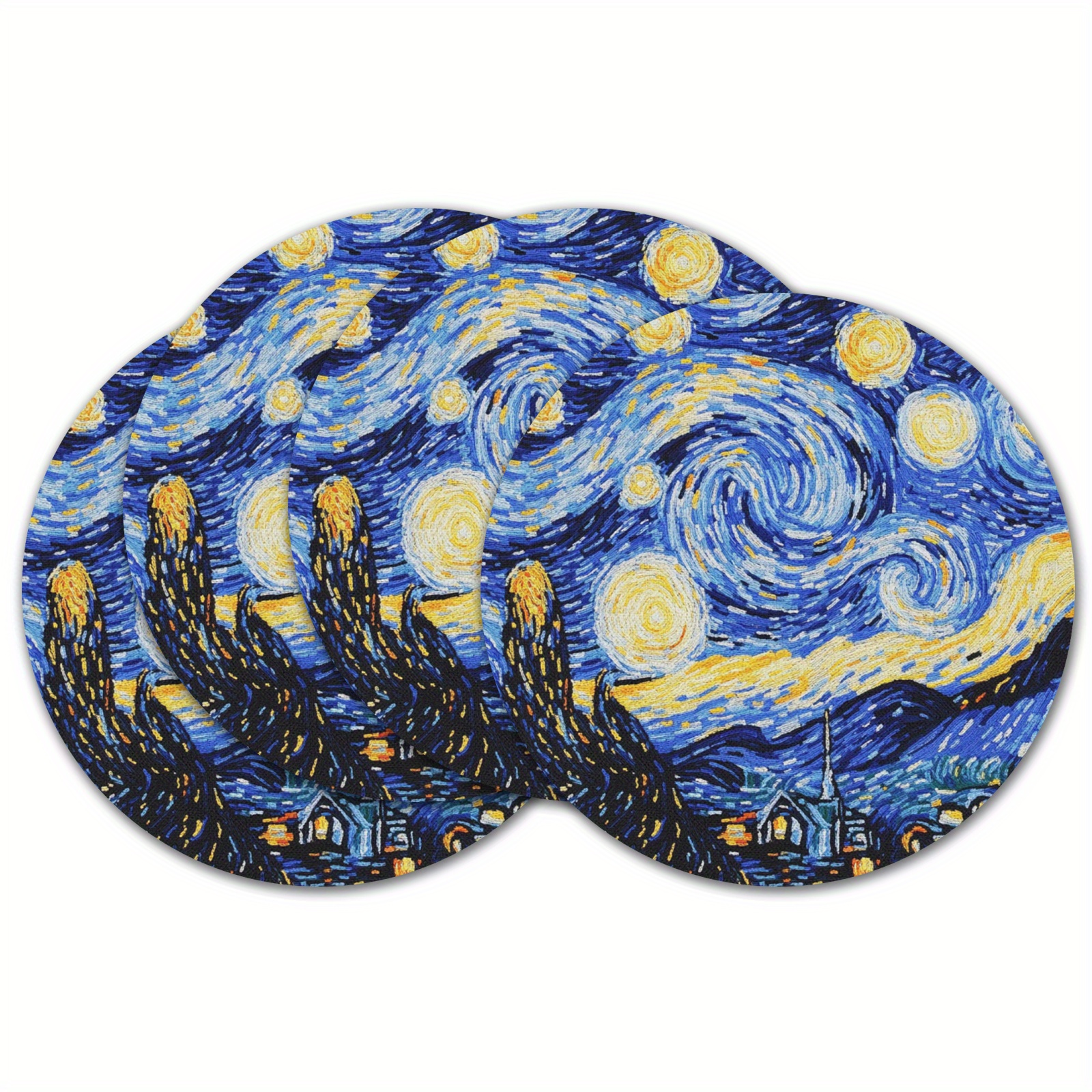 

4pcs Van Gogh Starry Night Pattern Round Placemats, 15-inch Linen Washable Heat Resistant Table Mats For Kitchen, Restaurant, Country Farmhouse Decor, Creative Gift, Table Decoration, Round