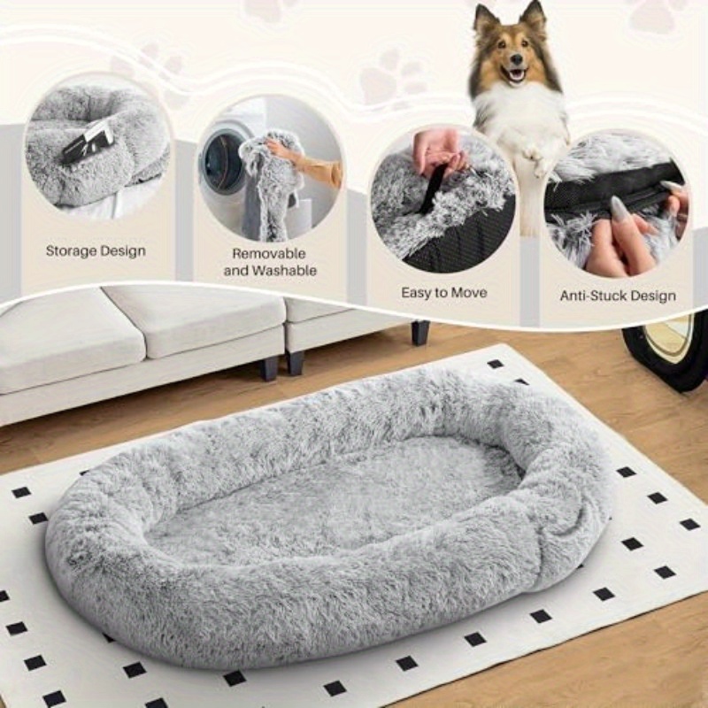 extra large human dog bed - 72x48x10 inch pet bed with blanket side pocket, high quality & washable   fur fabric, no assembly needed, portable indoor/outdoor dog bed for large breeds,   design for adults & pets, durable pet bed for home, travel, or crate - ideal for golden retrievers, labradors, german shepherds, pet bed for dogs, indoor pet furniture,   furniture, soft texture,   material, pet lovers,   furniture, stylish pet furniture,   Product details 4