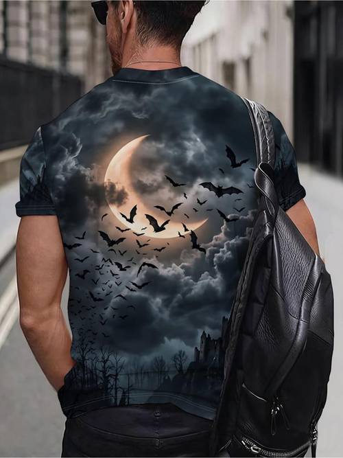 Gedrucktes Design – Nicht texturiert/bestickt/Pailletten/Flachdruck, ohne Zubehör/Weißes, leicht durchsichtiges Sommer-T-Shirt für Herren im Gothic-Stil mit kurzen Ärmeln Nachtszene-Druck mit Halbmond, Fledermaus, Burg dunklen Wolken, lässiges Oberteil mit Rundhalsausschnitt
