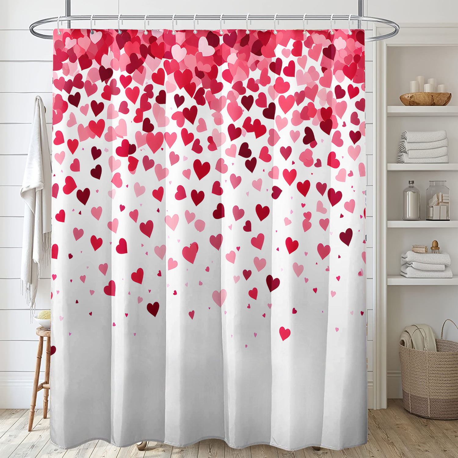 

Romantic Red Heart Print Shower Curtain, Waterproof Polyester With Hooks, White Background, For Home Bathroom Decor, Machine Washable, 71x71 Inches, Valentine's Day, Window & Wall Decor, Flowers Theme