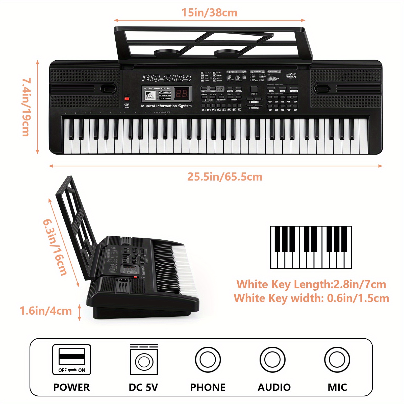 61-Key Portable Keyboard Piano for Beginners with Built-in Speakers, Teaching Mode, Microphone & Music Stand - 25.5-inch Electric Piano Suitable for /s, / - Image 5