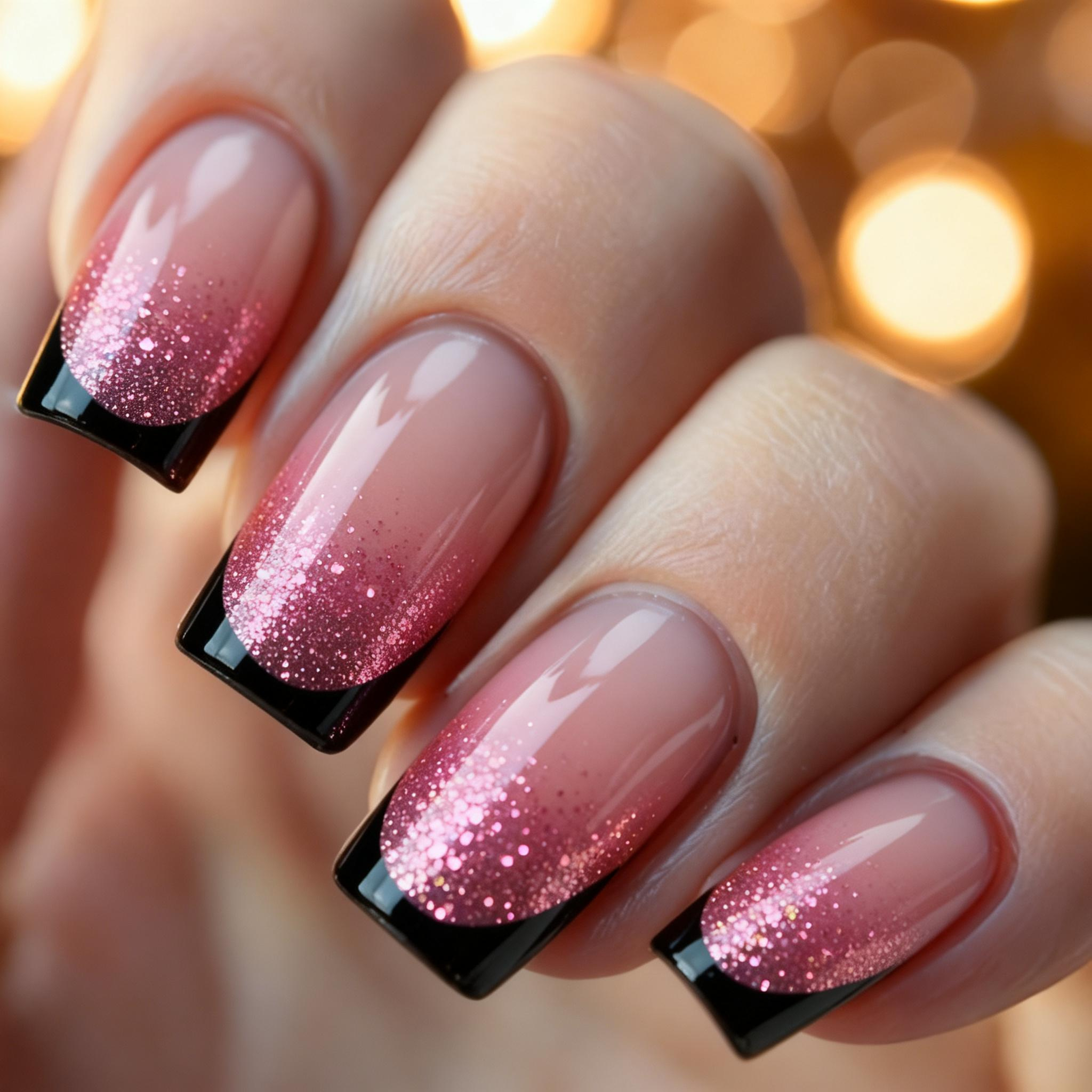 TEMU 24pcs Black-bordered Glitter Design Nails, Detachable False Nails, Press-on Nails, Women's Nails, Exquisite Nail Art, And For