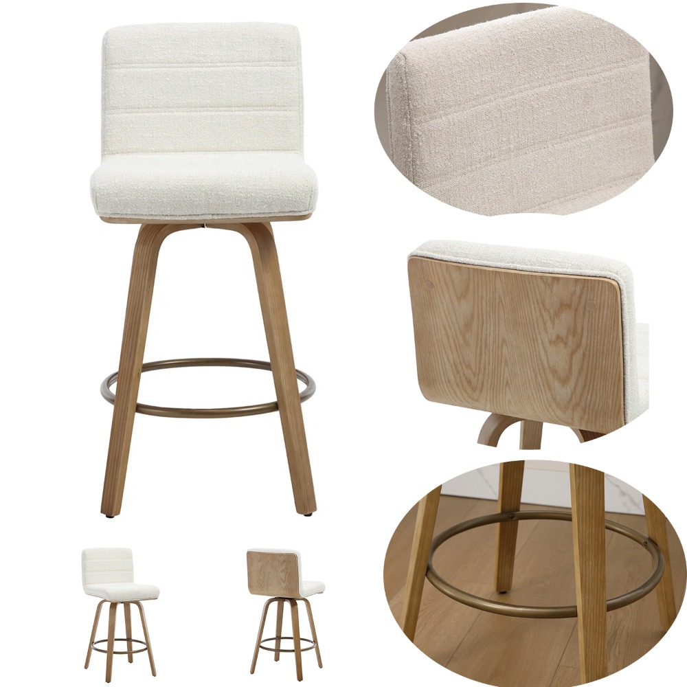 Pair of Contemporary Bar Stools Featuring Backs, Rotating Counter-Height Design, Upholstered Fabric for Kitchen Islands, Sturdy Wooden Legs, Ideal for Home Kitchens And Pubs