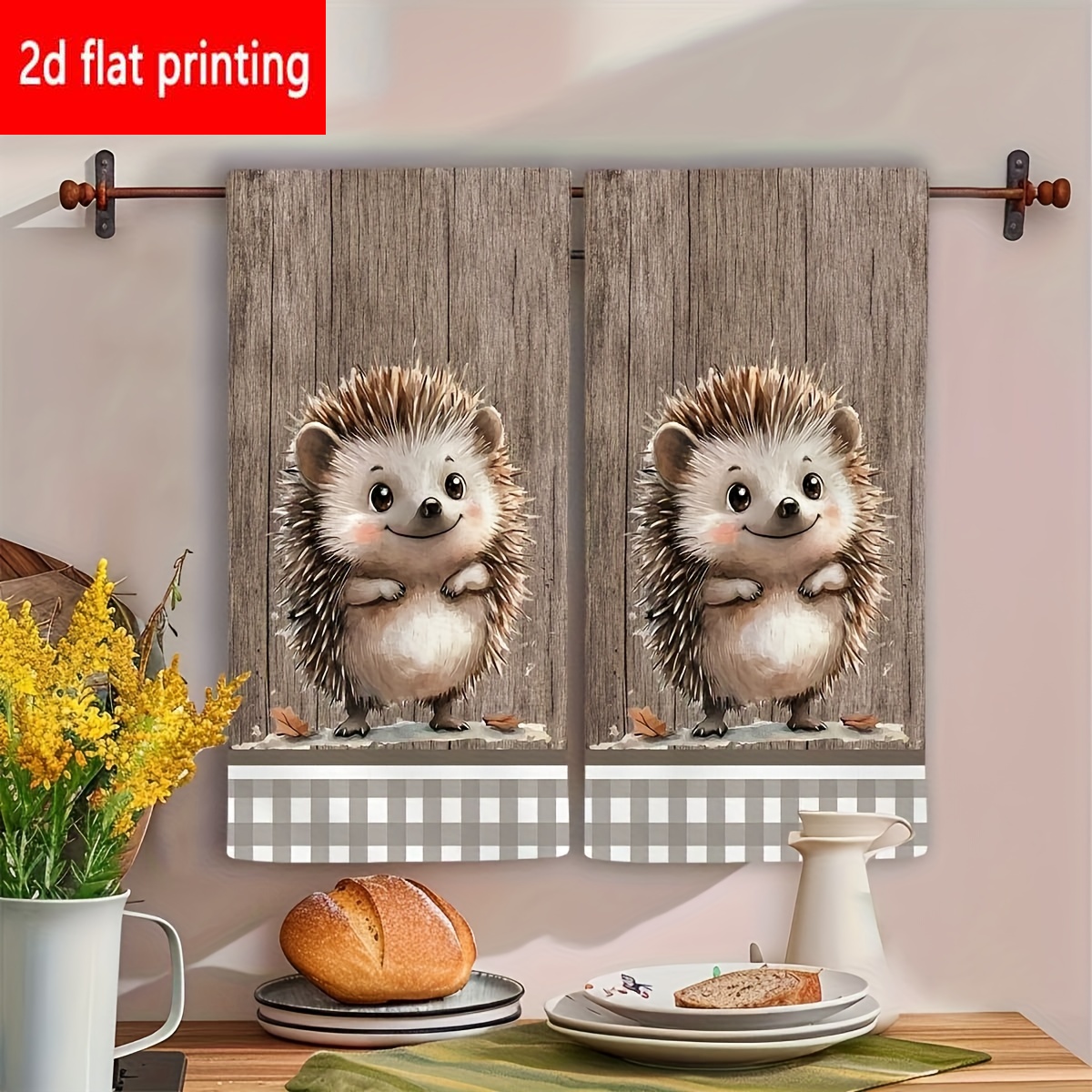 TEMU 2d Flat Printing, 2pcs, Cute Hedgehog Pattern Kitchen Towels, Featuring An Adorable Little Hedgehog As The Centerpiece, With A Wood Grain