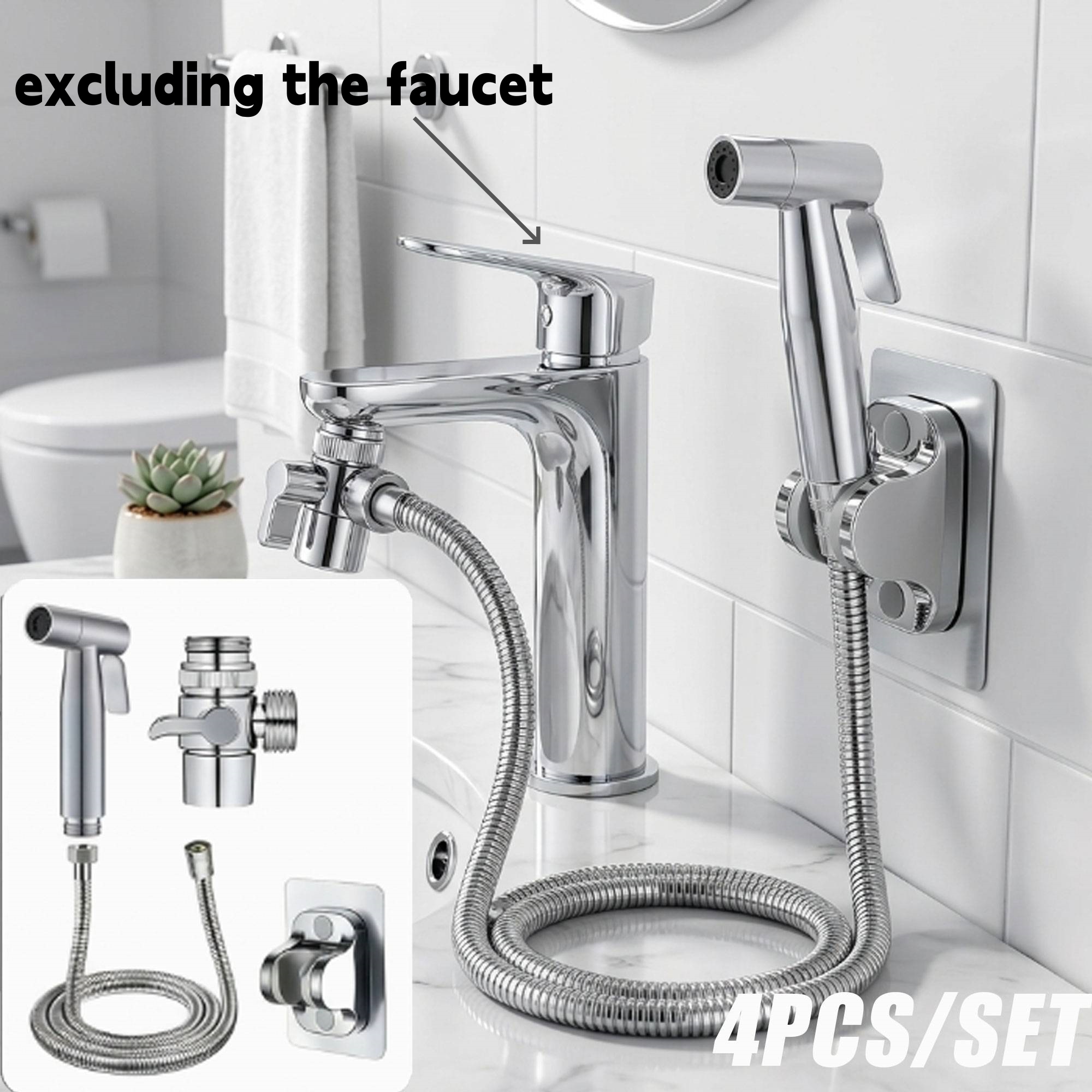 TEMU 4pcs Handheld Shower Set, Booster Replacement Head, Hose | Suitable For Toilet Cleaning, Pet Bathing, Car Washing | Water Saving, Quick